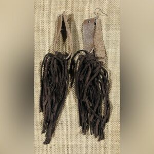 Brown Suede Leather Fringe Earrings
